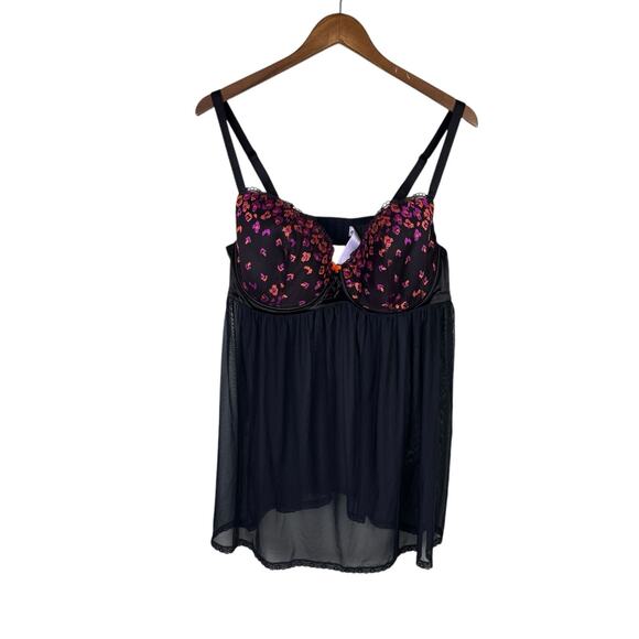 Savage X Fenty Black Sheer Mesh Pink Orange Flower Embroidered Babydoll Lingerie - Picture 7 of 9